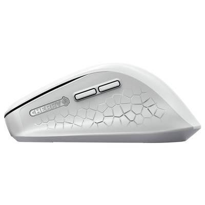 Weiße Computermaus mit ergonomischem Design, seitlichen Texturmustern und zwei Seitentasten. Ideal für komfortables Arbeiten.