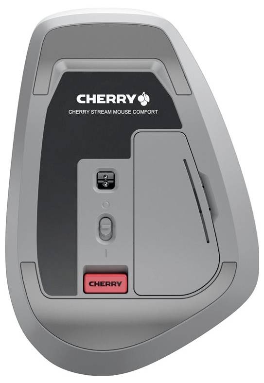 'Unterseite einer grauen Cherry-Maus mit Batteriefach, Einschaltknopf und Verbindungstaste. Beschriftung: Cherry Stream Mouse Comfort.'