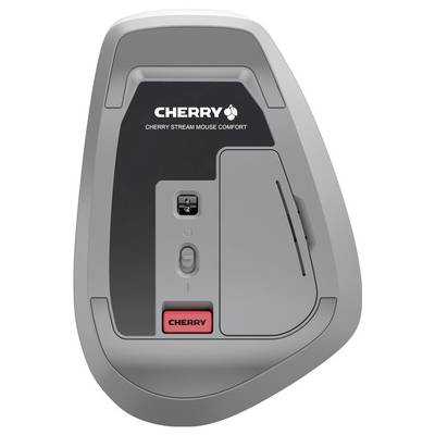 'Unterseite einer grauen Cherry-Maus mit Batteriefach, Einschaltknopf und Verbindungstaste. Beschriftung: Cherry Stream Mouse Comfort.'
