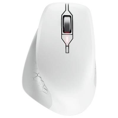 Weiße ergonomische Computermaus mit Scrollrad und Wabenmuster an der Seite.