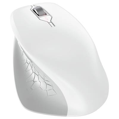 Weiße drahtlose Computermaus mit ergonomischem Design und strukturierter Oberfläche an der Seite, geeignet für komfortable Nutzung.