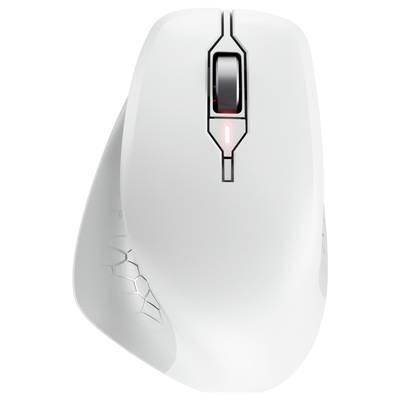 Weiße, ergonomische Computermaus mit Scrollrad und einem leuchtenden LED-Streifen. Design mit wabenförmigen Mustern an der Seite.