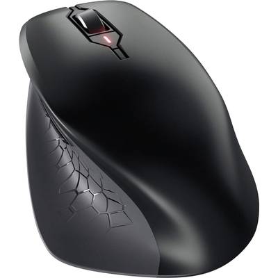 Eine ergonomische, schwarze Computermaus mit einem strukturierten Griff und einem roten Licht am Scrollrad, geeignet für komfortable Nutzung.