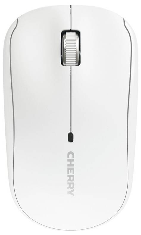 Weiße Computermaus von oben, schlichtes Design mit Scrollrad und Schriftzug 'Cherry' in der Mitte.