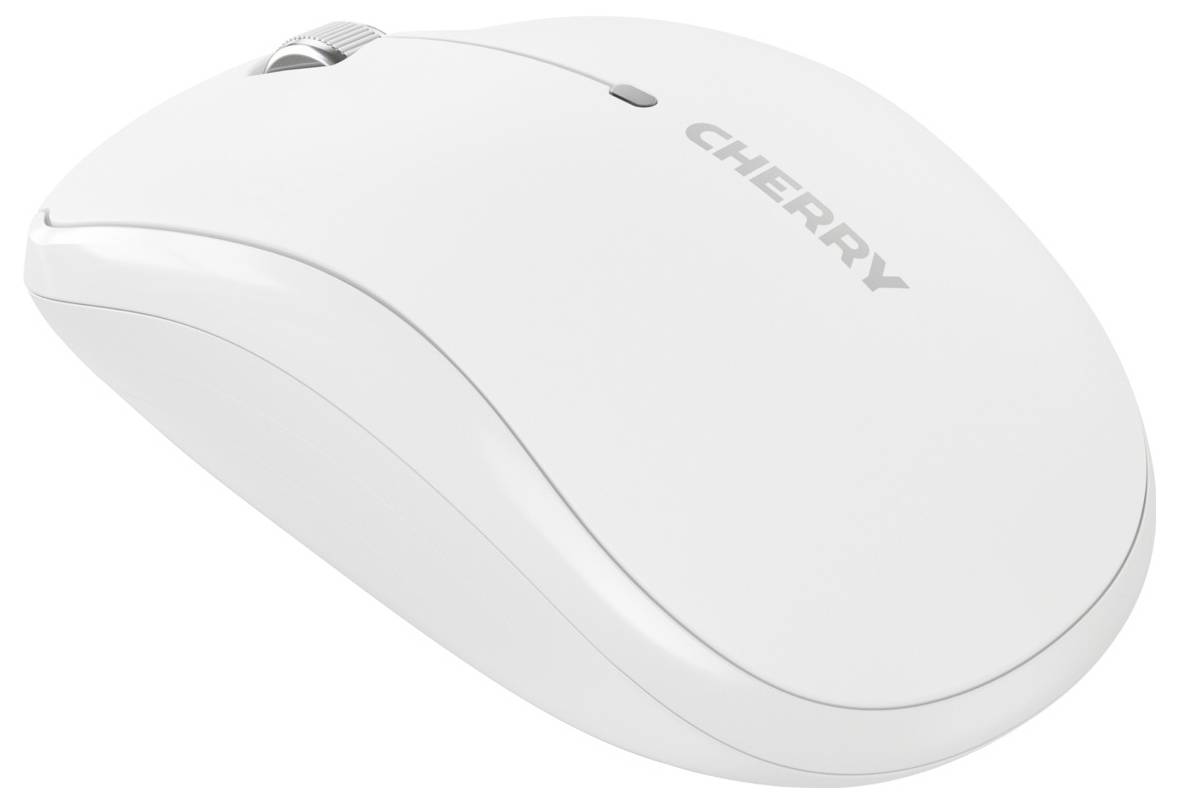 Kabellose weiße Computermaus mit minimalistischen Design, Markenname 'CHERRY' auf der Oberseite. Ideal für Büroanwendungen.