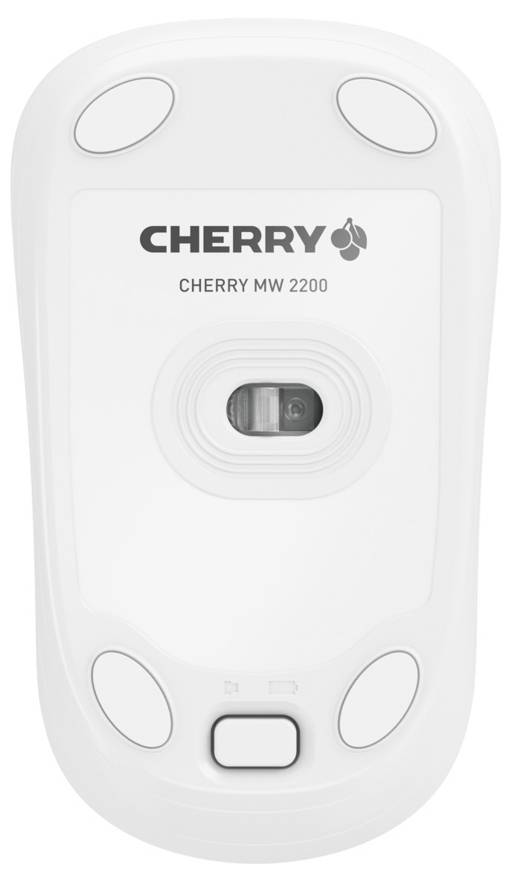 Unterseite einer weißen Computermaus mit der Aufschrift 'CHERRY MW 2200' und einem zentralen Sensor, umgeben von vier Gleitflächen.