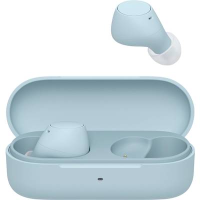Kabellose, hellblaue In-Ear-Kopfhörer in einer geöffneten Ladehülle. Ein Ohrstöpsel schwebt über dem Gehäuse.
