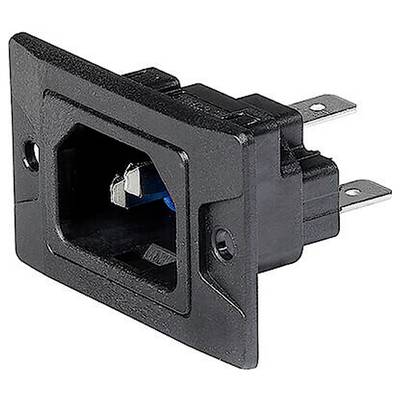 Abbildung eines schwarzen Kaltgeräteanschlusses mit drei Kontakten, zur Verwendung in elektronischen Geräten.