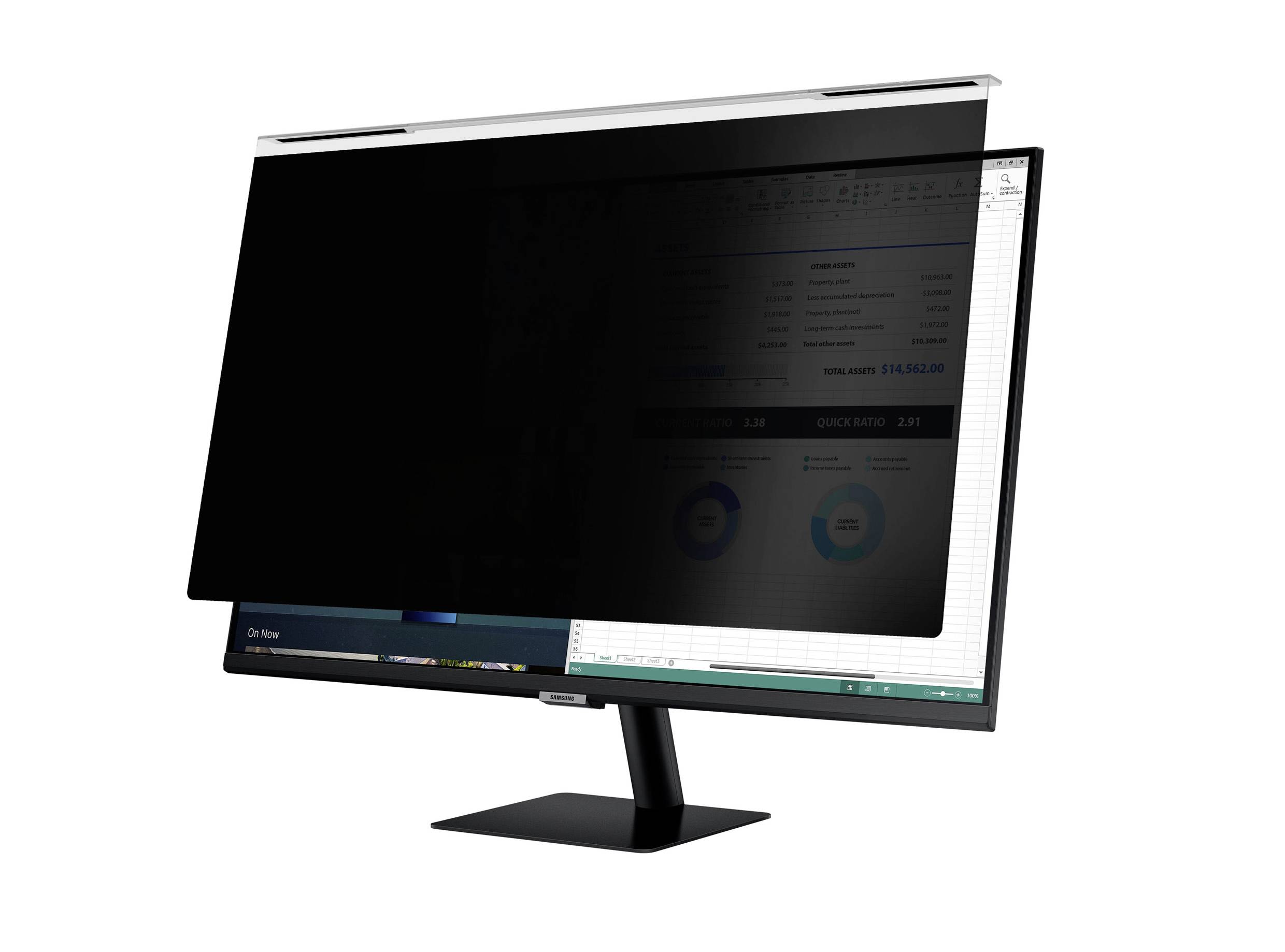 Ein Monitor mit einem Datenschutzfilter, der den Bildschirm verdunkelt und nur aus direkter Sicht lesbar macht.