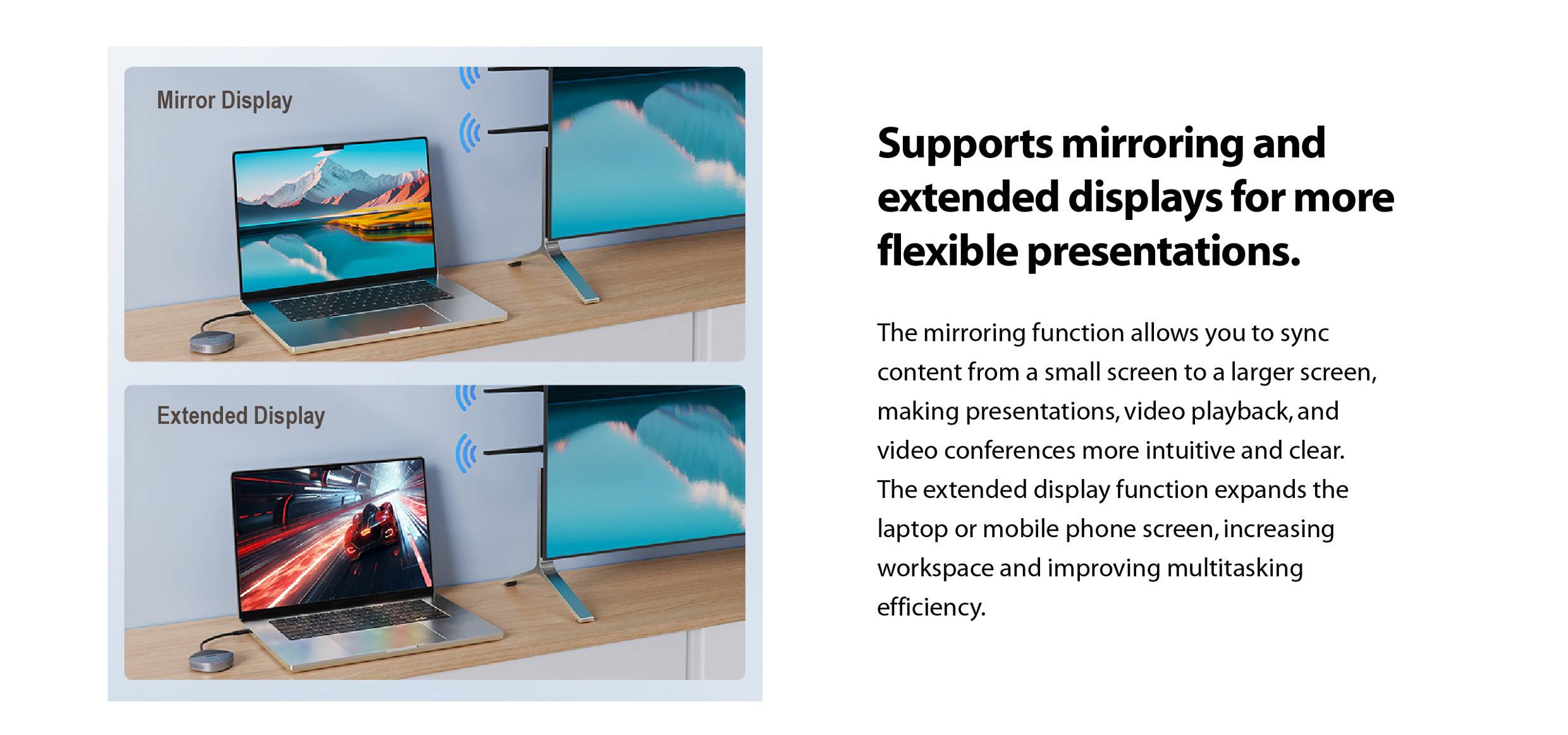'Supports mirroring and extended displays for more flexible presentations.' Ein Laptop zeigt zwei Modi: Spiegel- und erweitertes Display.