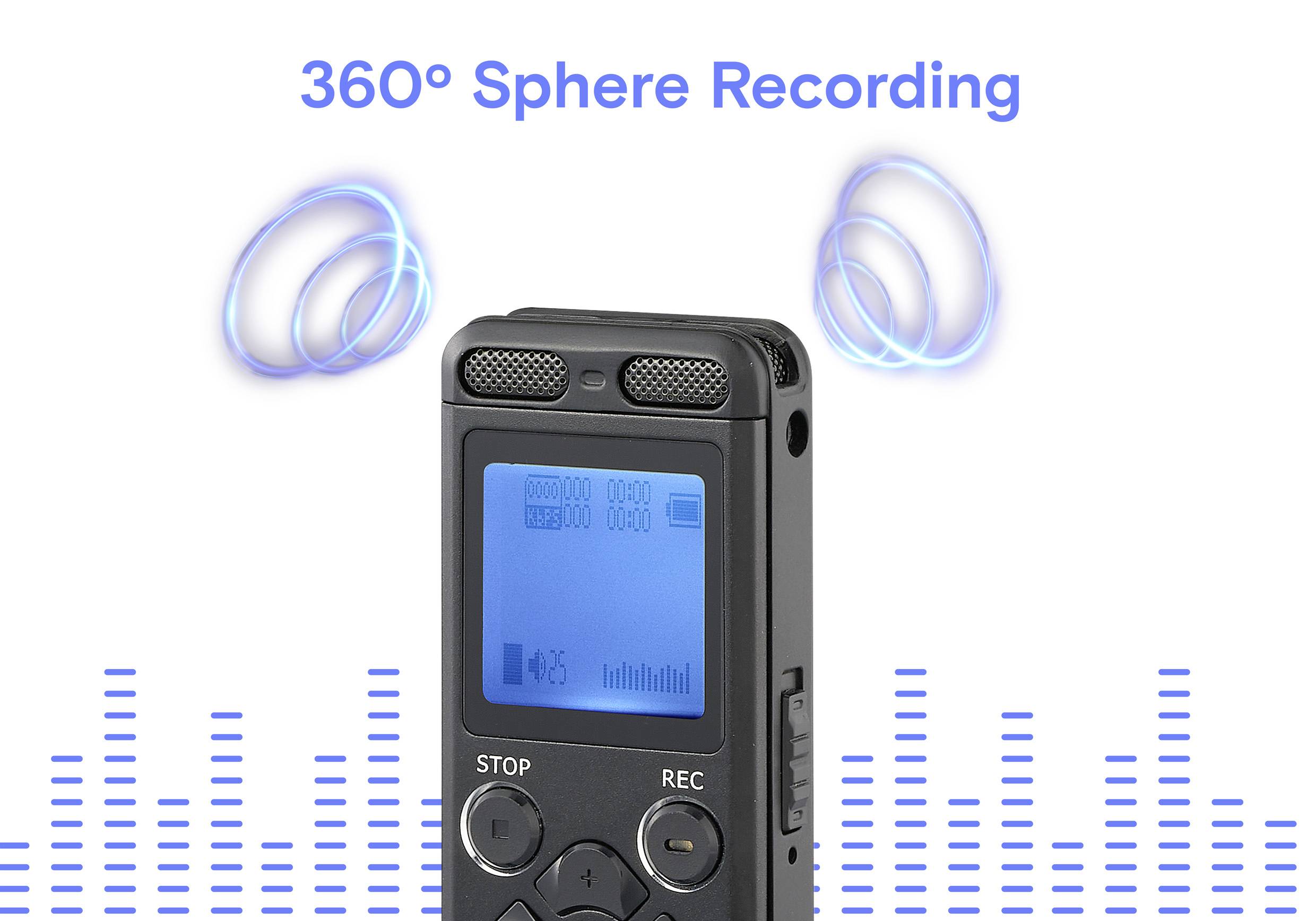 Digitaler Audiorekorder mit blauer Displayanzeige. Text '360° Sphere Recording' impliziert Rundum-Aufnahmefähigkeit.