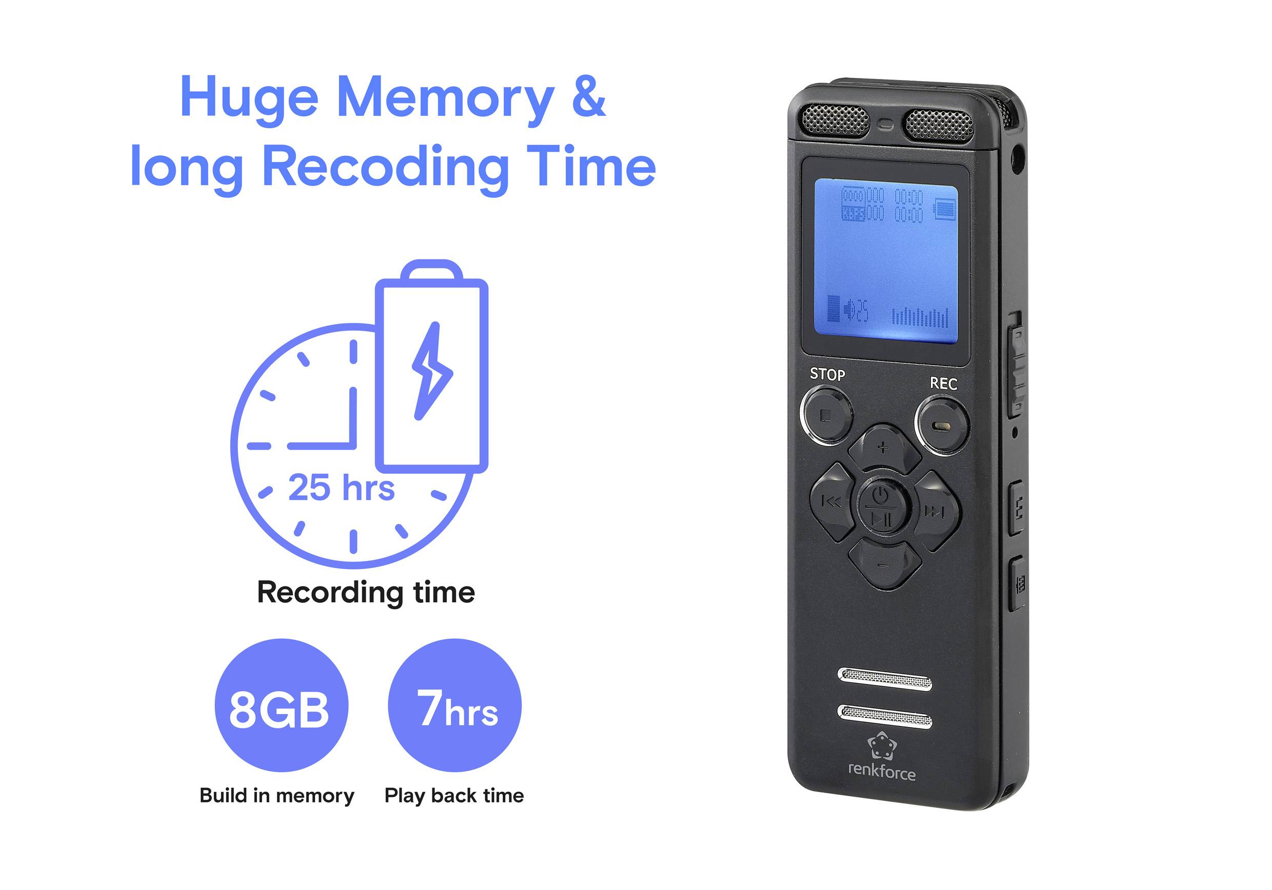 Digitaler Sprachrekorder mit einem Bildschirm und Tasten. Text: 'Großer Speicher & lange Aufnahmezeit', bietet 8GB Speicher und 25 Stunden Aufnahmezeit.