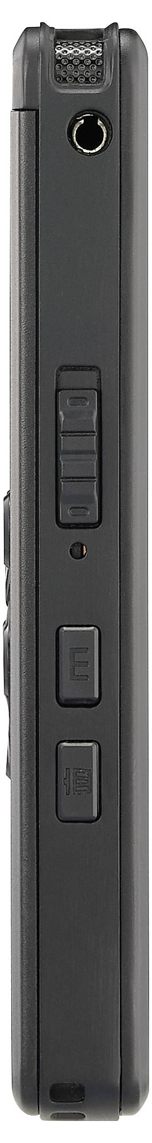 Seitenansicht eines schwarzen tragbaren Geräts mit mehreren Tasten und einem Kopfhöreranschluss an der Oberseite.