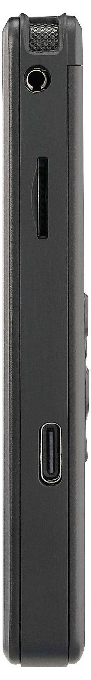 Eine schwarze, schlanke elektronische Geräteseite mit USB-C-, Kopfhöreranschluss und Kartenschlitz.