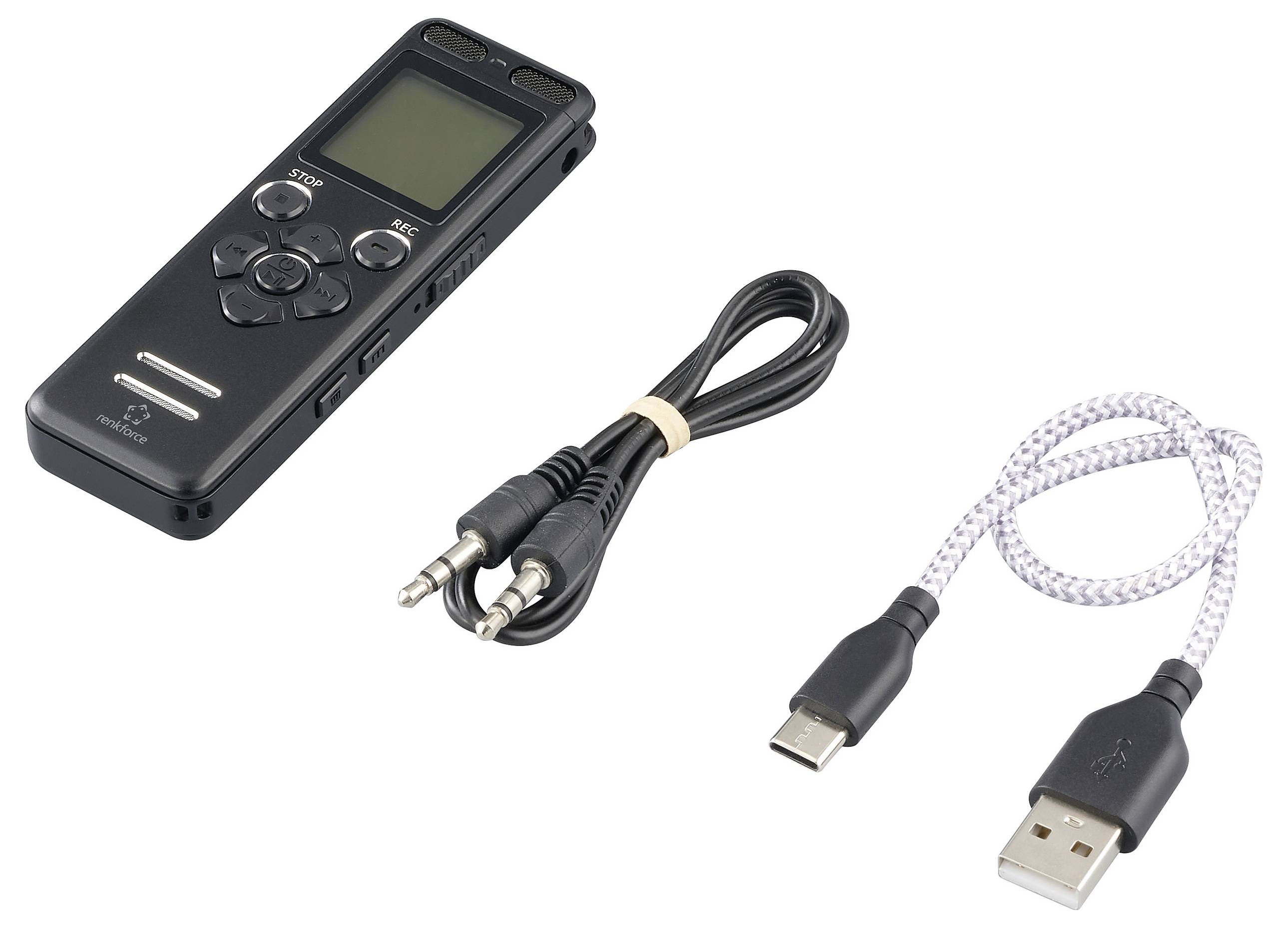 Digitaler Diktiergerät mit Display und Druckknöpfen, daneben liegen zwei verschiedene Anschlusskabel.