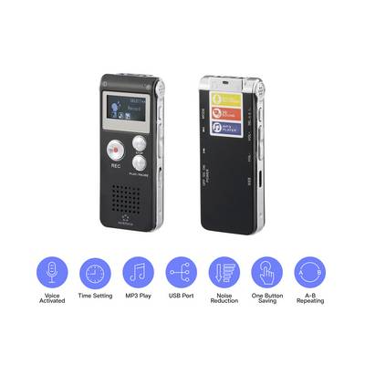 Zwei digitale Diktiergeräte in Schwarz. Vorderseite zeigt Bedienknöpfe und Display, Rückseite mit Farbmarkierungen. Darunter Piktogramme für Funktionen: Sprachaktivierung, MP3, USB, Rauschunterdrückung.