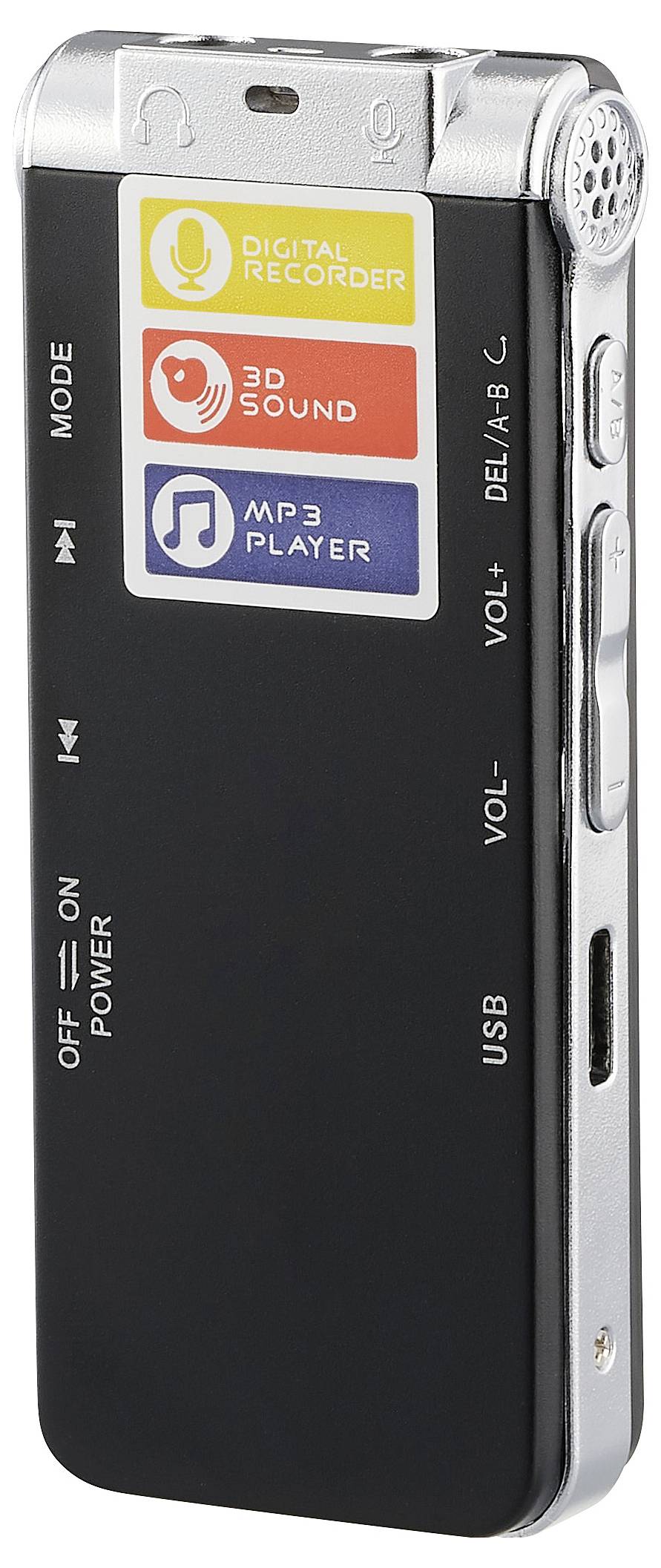 Ein digitaler Audiorecorder mit Funktionen: 'Digital Recorder', '3D Sound' und 'MP3 Player'; schwarze Oberfläche, silberne Details.