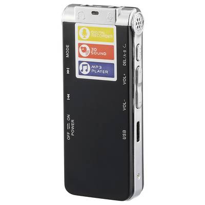 Ein digitaler Audiorecorder mit Funktionen: 'Digital Recorder', '3D Sound' und 'MP3 Player'; schwarze Oberfläche, silberne Details.