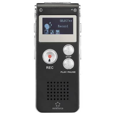 Ein schwarzer digitaler Audiorekorder mit Bildschirm, Aufnahme-, Stopp- und Wiedergabetasten; zeigt 'Record' im Menü an.