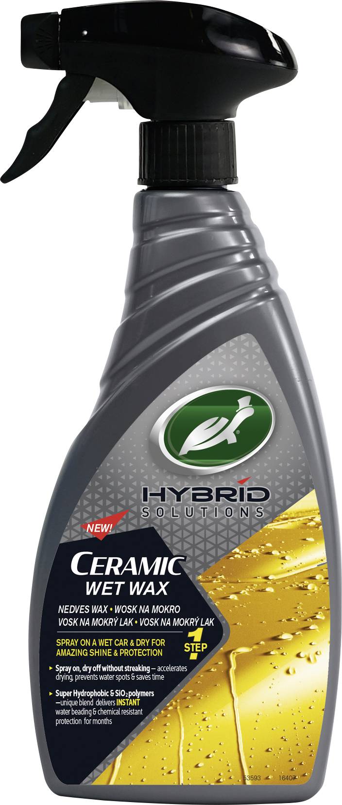 Sprühflasche mit Aufschrift 'Hybrid Solutions Ceramic Wet Wax', zeigt, dass es sich um einen Autowachs handelt.