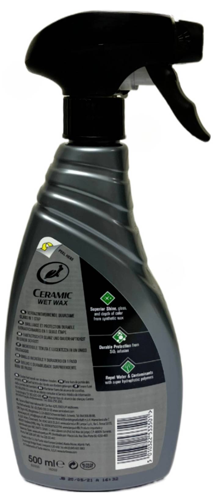 Eine graue Sprühflasche mit schwarzem Sprühkopf. Auf dem Etikett steht 'Ceramic Wet Wax'. Der Inhalt beträgt 500 ml.