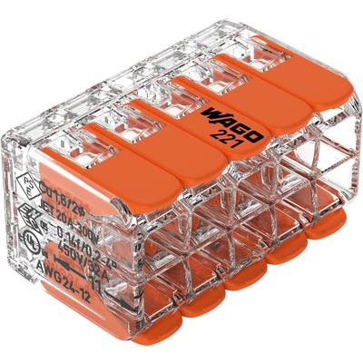 Transparente Wagoklemme mit fünf orangen Hebeln zum Verbinden von elektrischen Leitern. Geeignet für Querschnitte von 0,14 bis 4 mm².