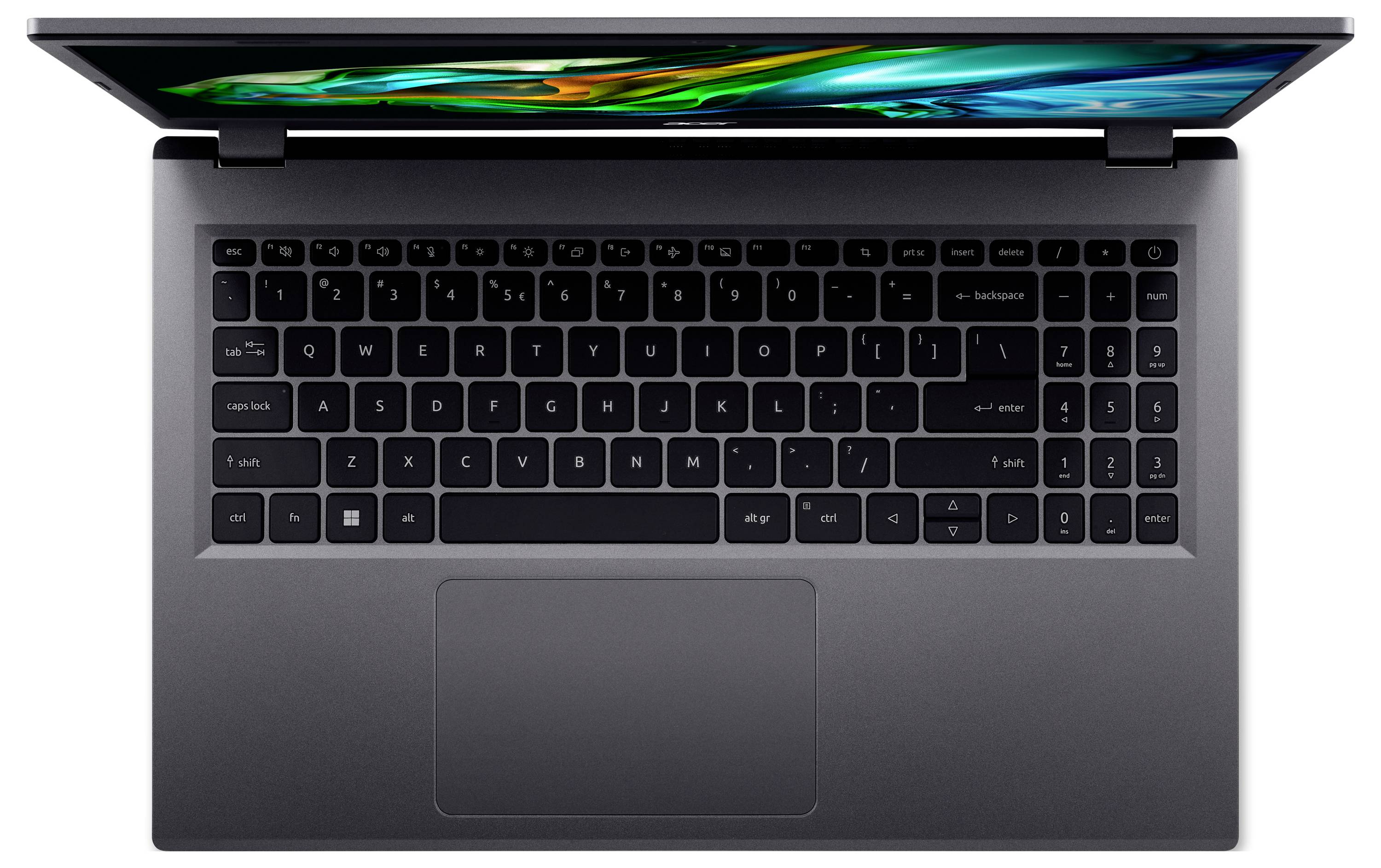 Ein geöffneter Laptop aus der Vogelperspektive mit schwarzer Tastatur und einem Bildschirm, der bunte Wellenmuster anzeigt.