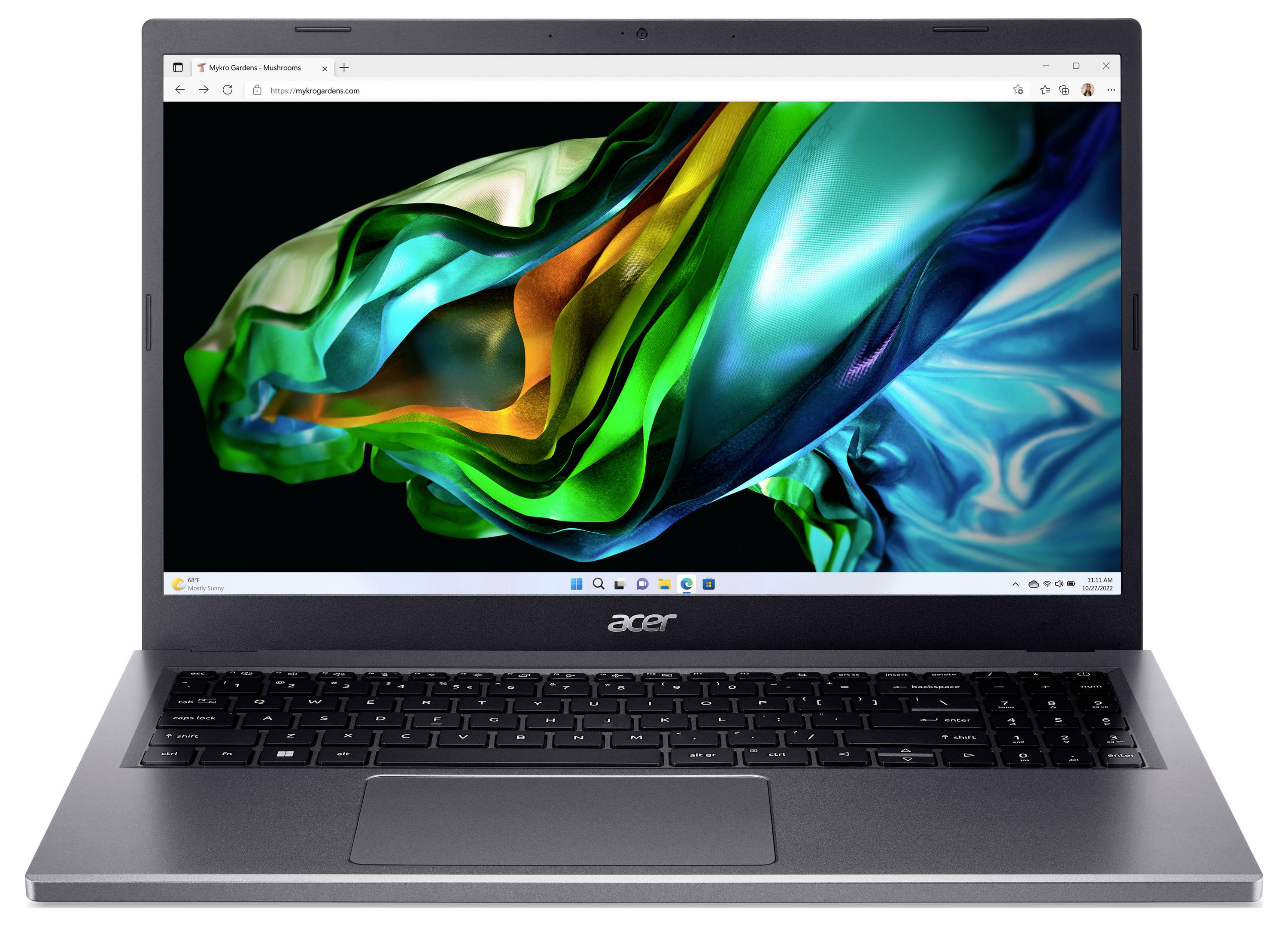 Ein Laptop mit offenem Bildschirm zeigt eine abstrakte, mehrfarbige Grafik. Das Gerät hat eine schwarze Tastatur und ein silbernes Gehäuse.