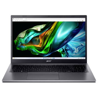Ein Laptop mit offenem Bildschirm zeigt eine abstrakte, mehrfarbige Grafik. Das Gerät hat eine schwarze Tastatur und ein silbernes Gehäuse.