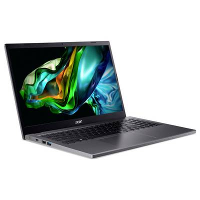 Ein Laptop von Acer mit einem auf dem Bildschirm angezeigten bunten, abstrakten Bild. Tastatur und Anschlüsse sind sichtbar.