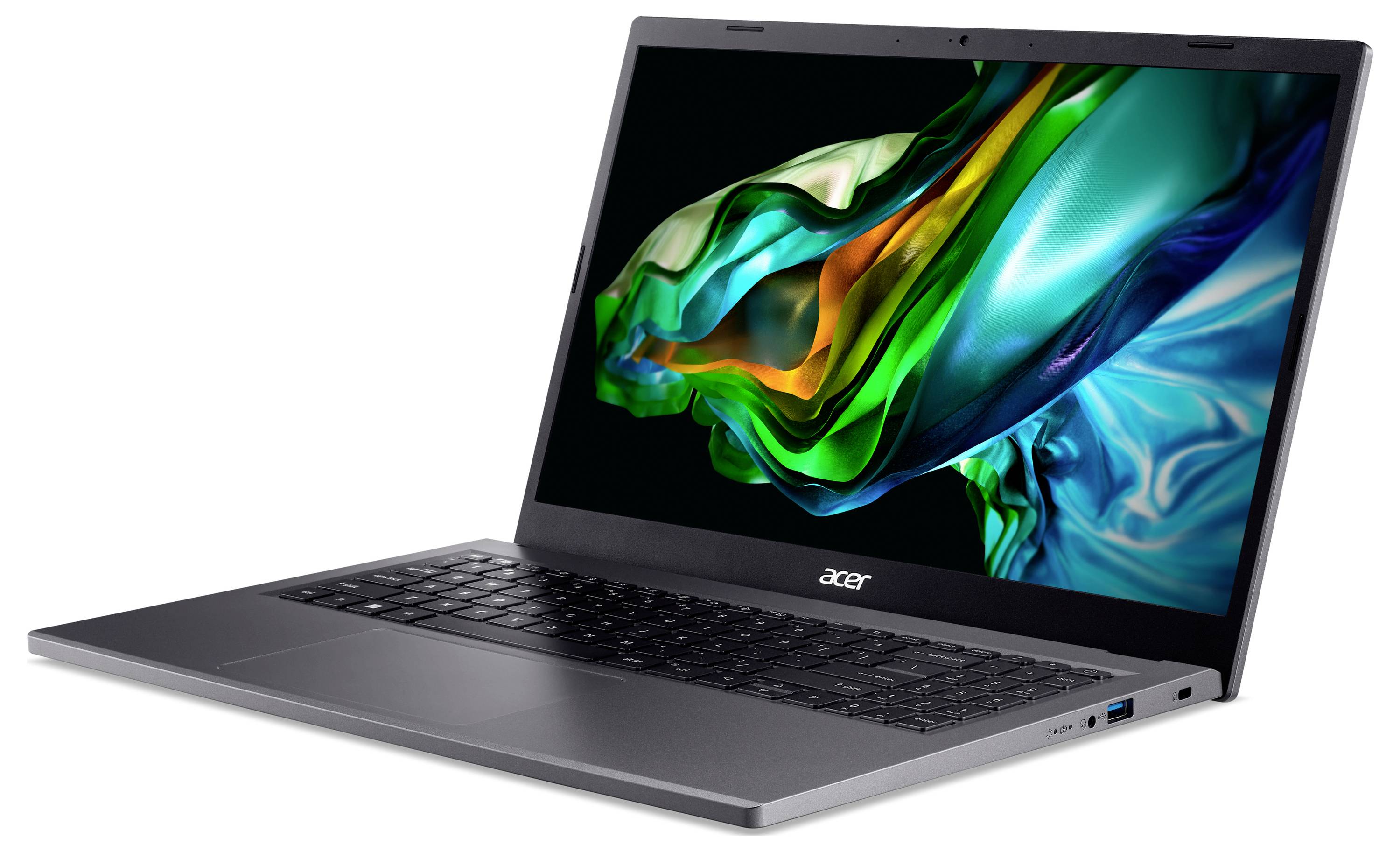Ein silberner Laptop von Acer mit geöffnetem Bildschirm, der eine bunte, abstrakte Grafik zeigt. Tastatur und Anschlüsse an der Seite sichtbar.
