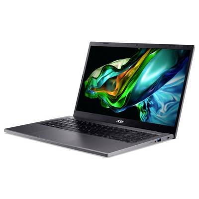 Ein silberner Laptop von Acer mit geöffnetem Bildschirm, der eine bunte, abstrakte Grafik zeigt. Tastatur und Anschlüsse an der Seite sichtbar.