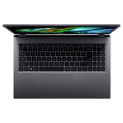Laptop von oben, Bildschirm halb geöffnet, schwarzes, minimalistisches Design, Tastatur im QWERTZ-Layout sichtbar.