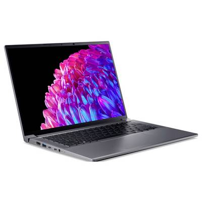 Ein Laptop mit geöffnetem Bildschirm zeigt ein leuchtendes, abstraktes Design in Pink- und Blautönen. Sichtbar sind Tastatur und Anschlüsse.