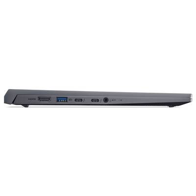Ein seitlicher Blick auf einen Laptop mit mehreren Anschlüssen: HDMI, USB, zwei USB-C-Ports und eine Kopfhörerbuchse.