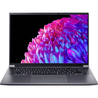 Ein Laptop mit einem lebendigen, blumengleichen Bildschirmhintergrund aus violetten und blauen Tönen.