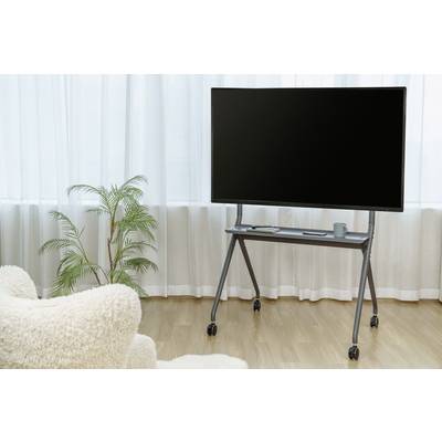 Flachbildfernseher auf rollbarem Ständer in einem hellen Raum mit Holzboden. Ein Sessel und eine Pflanze sind im Hintergrund.