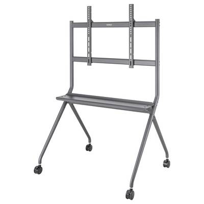 Ein fahrbarer TV-Ständer aus grauem Metall mit Rollen, geeignet für die Montage eines Bildschirms. Ideal für Präsentationen im Büro.