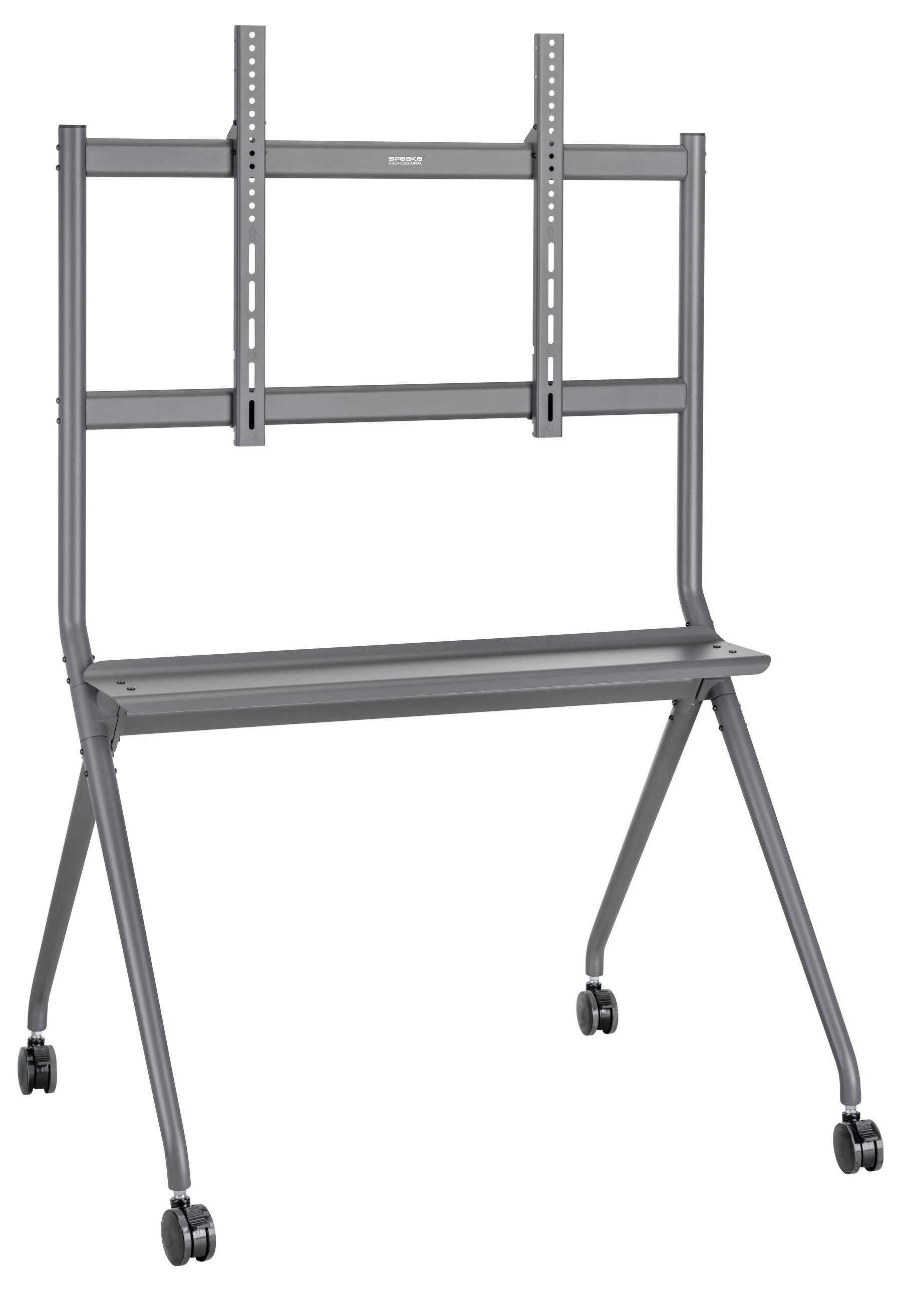 Ein mobiler TV-Ständer mit Rollen, höhenverstellbar, grau, ohne montierten Fernseher. Geeignet für Präsentationen oder Büros.