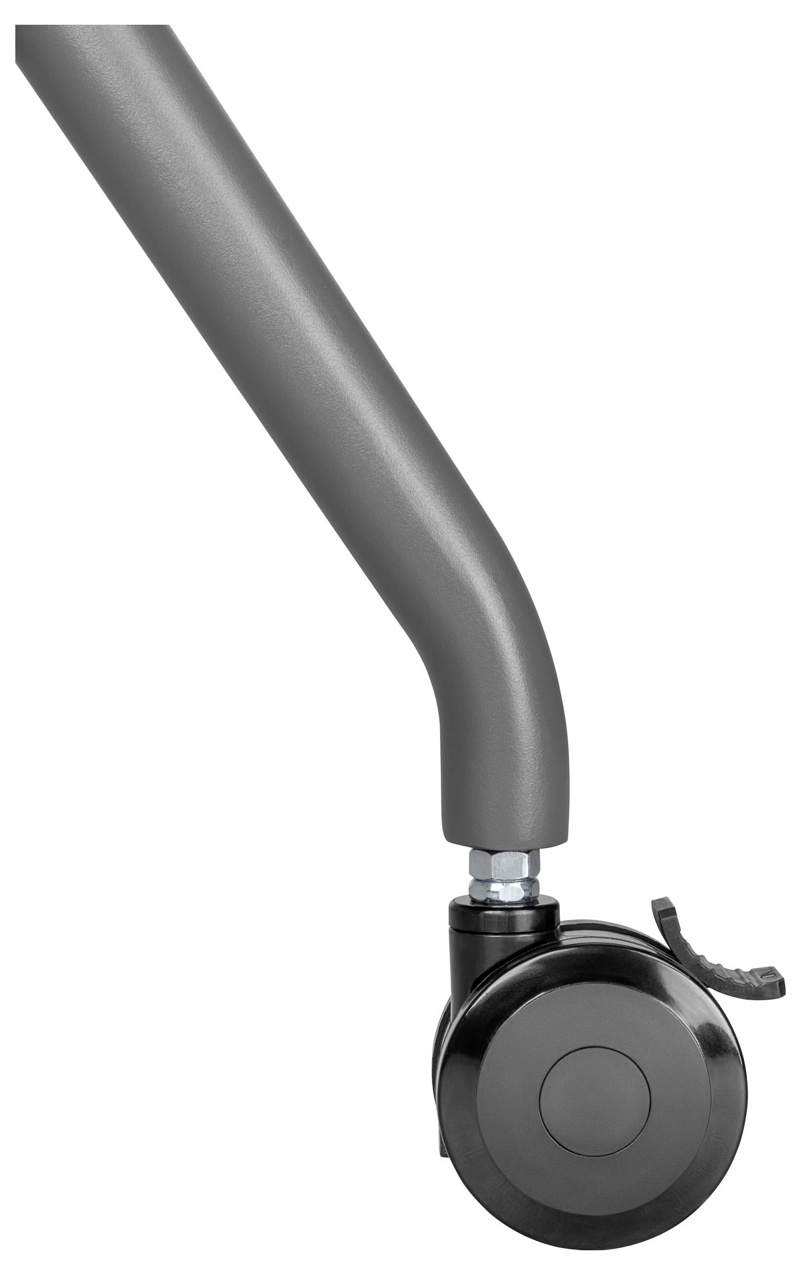 'Nahaufnahme eines grauen Stuhlbeins mit schwarzem Rad und Feststellhebel.'