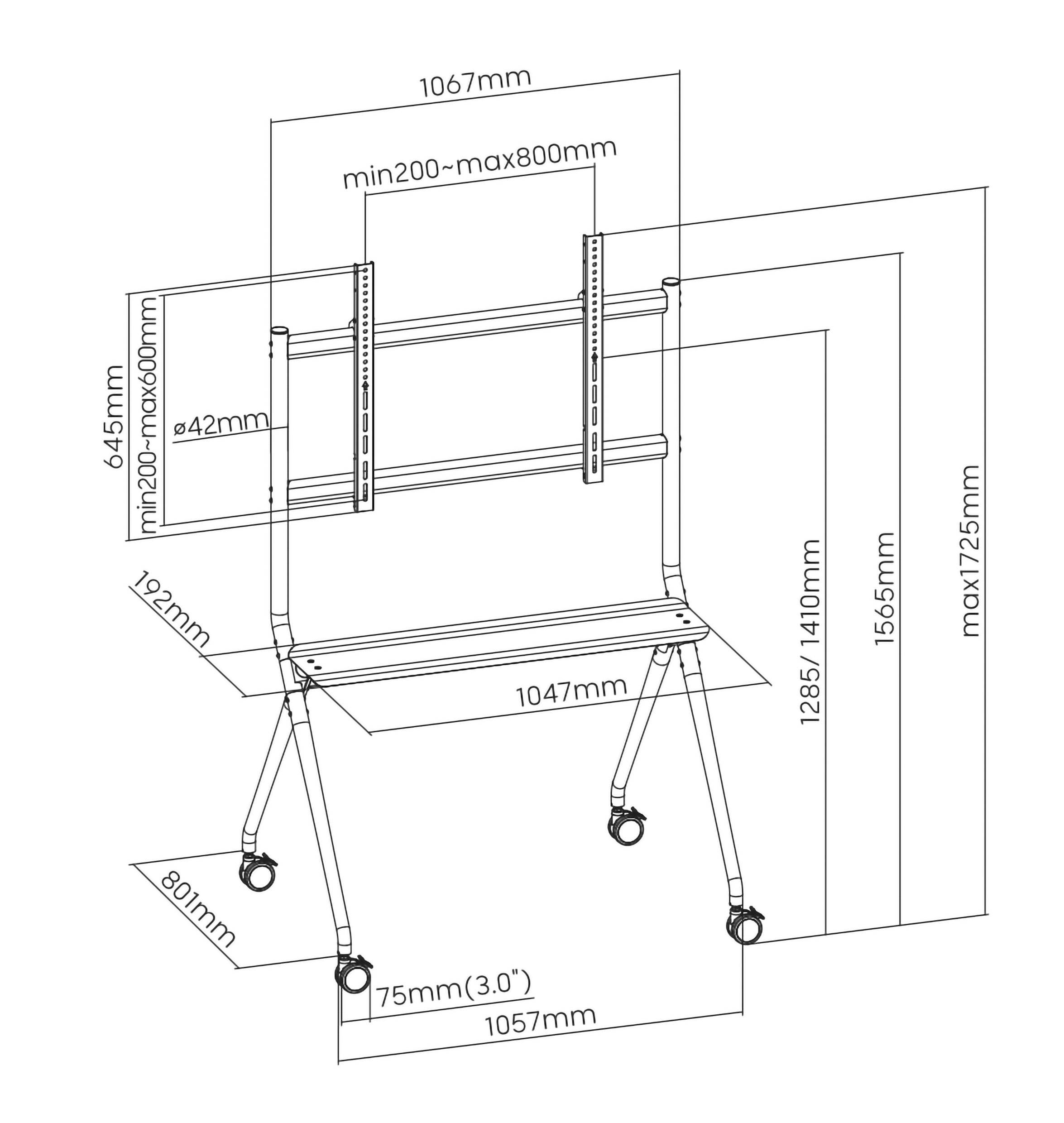 Technische Zeichnung eines mobilen Monitorständers mit Rollen und verstellbaren Halterungen. Maße in Millimetern angegeben.