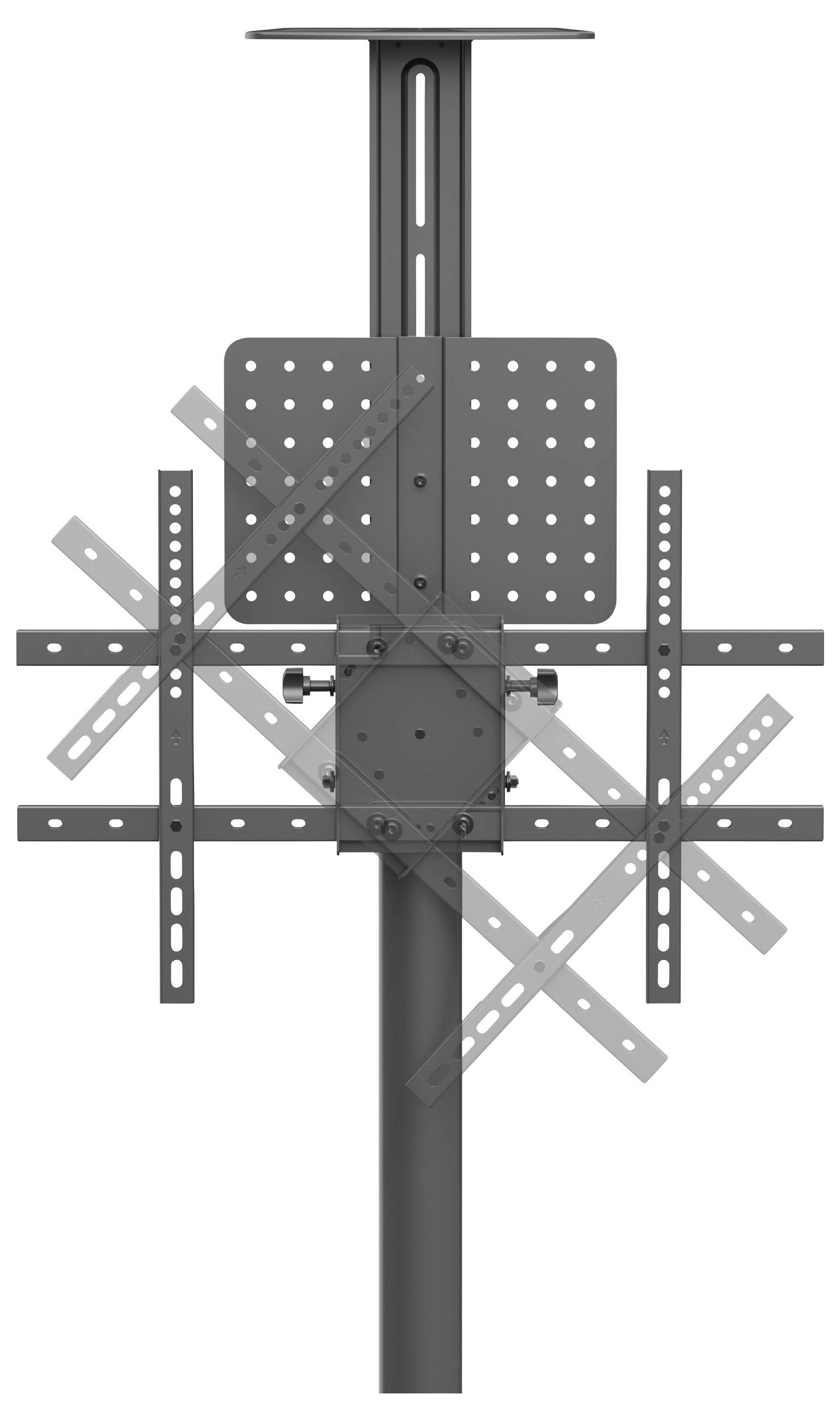 TV-Halterung zur Deckenmontage, inkl. perforierter Platte und verstellbaren Armen für verschiedene Bildschirmgrößen. Ideal für flexible Bildschirmpositionierung.