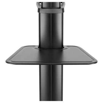 Ein schwarzer, höhenverstellbarer Monitorständer mit quadratischer Plattform, geeignet zur Ergonomieverbesserung am Arbeitsplatz.