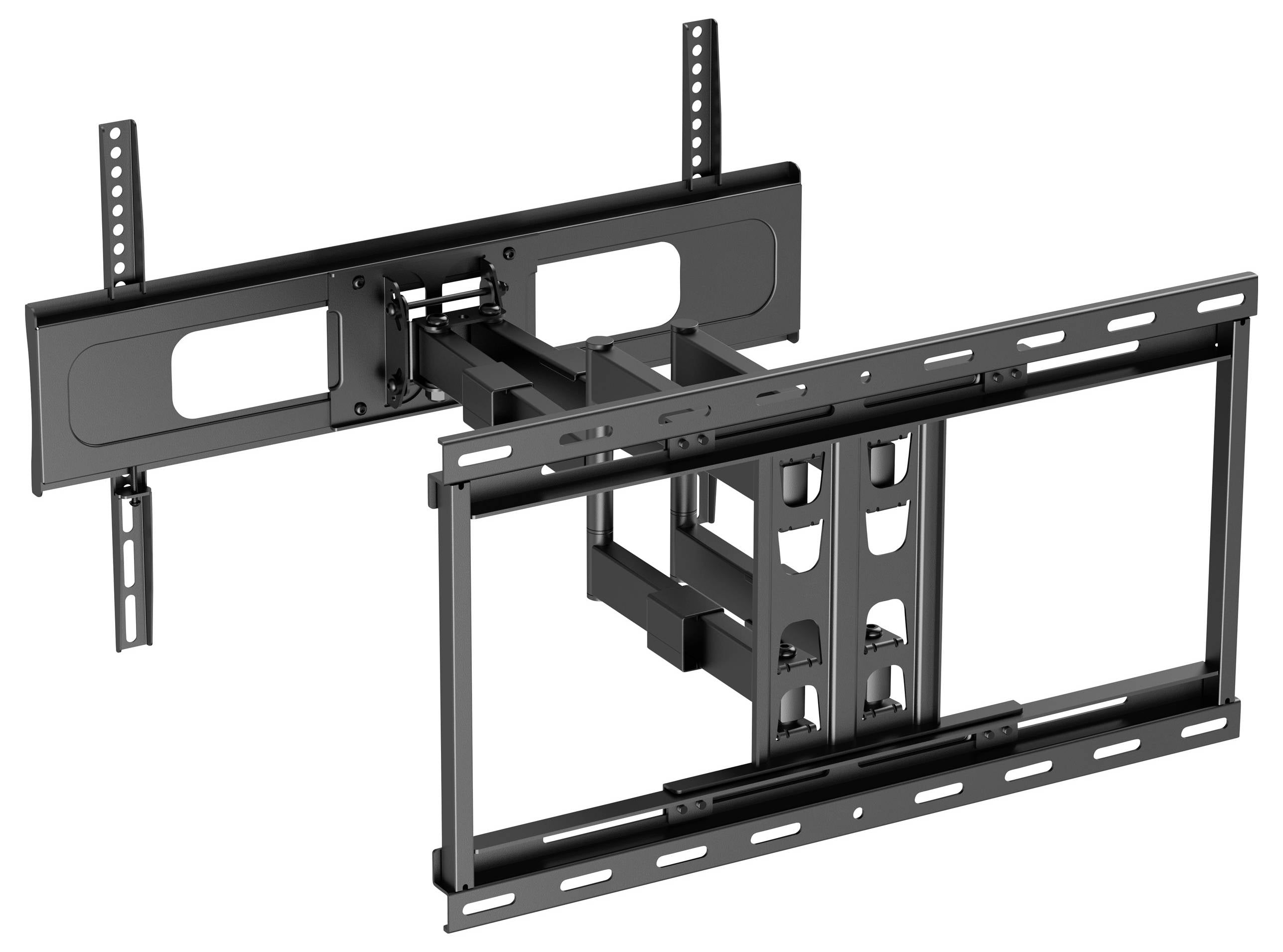 Wandhalterung für Fernseher mit schwenkbaren Armen, kompatibel mit verschiedenen TV-Größen, aus schwarzem Metall.