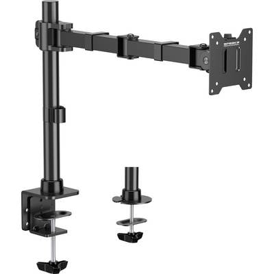 Monitorhalterung mit flexiblem Arm, Tischklemme und VESA-Platte zum Anbringen eines Displays. Anpassbar in Höhe und Neigung.