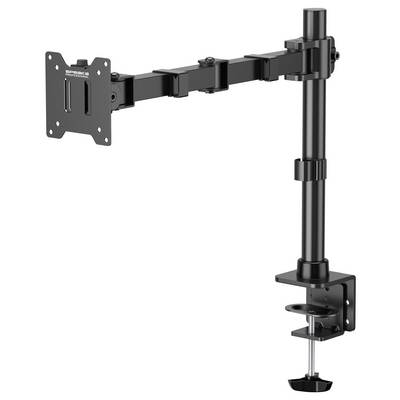 Ein schwarzer Monitorarm mit Tischklemme zur Befestigung. Der Arm ist höhenverstellbar und hat eine Halterung zur Befestigung eines Bildschirms.