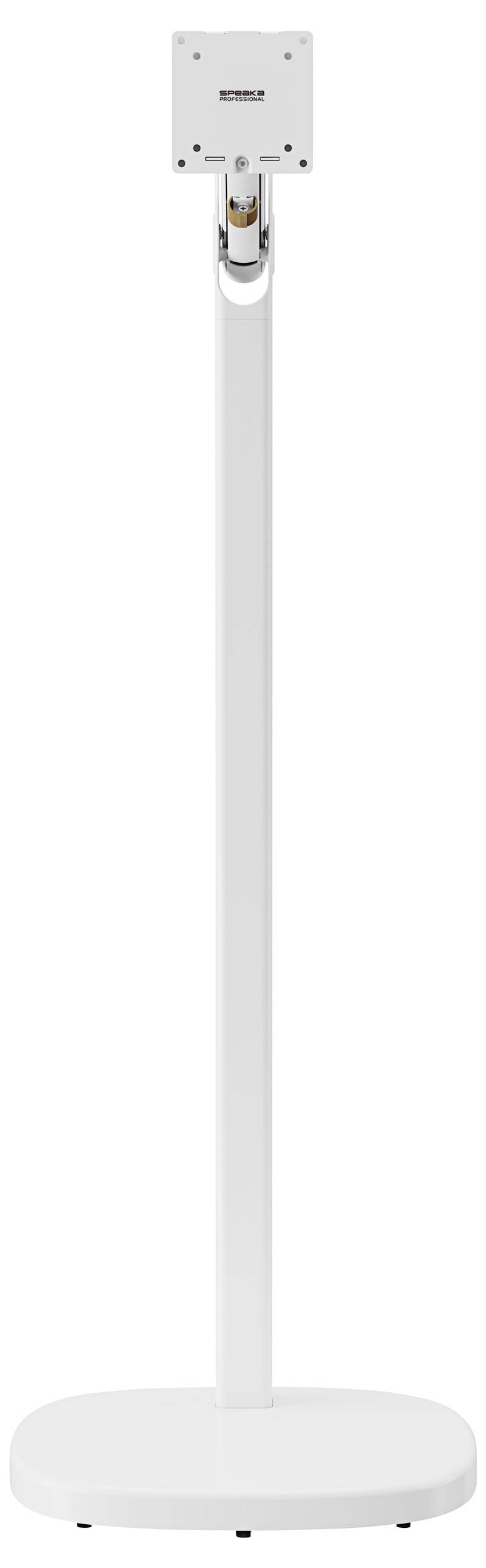 Ein weißer Standfuß mit einer rechteckigen Platte oben, geeignet für die Befestigung eines Bildschirms oder Geräts.