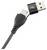 USB-Kabel mit schwarzem Adapter, zeigt einen USB-A-Stecker und einen USB-C-Stecker, verbunden durch ein geflochtenes Kabel.