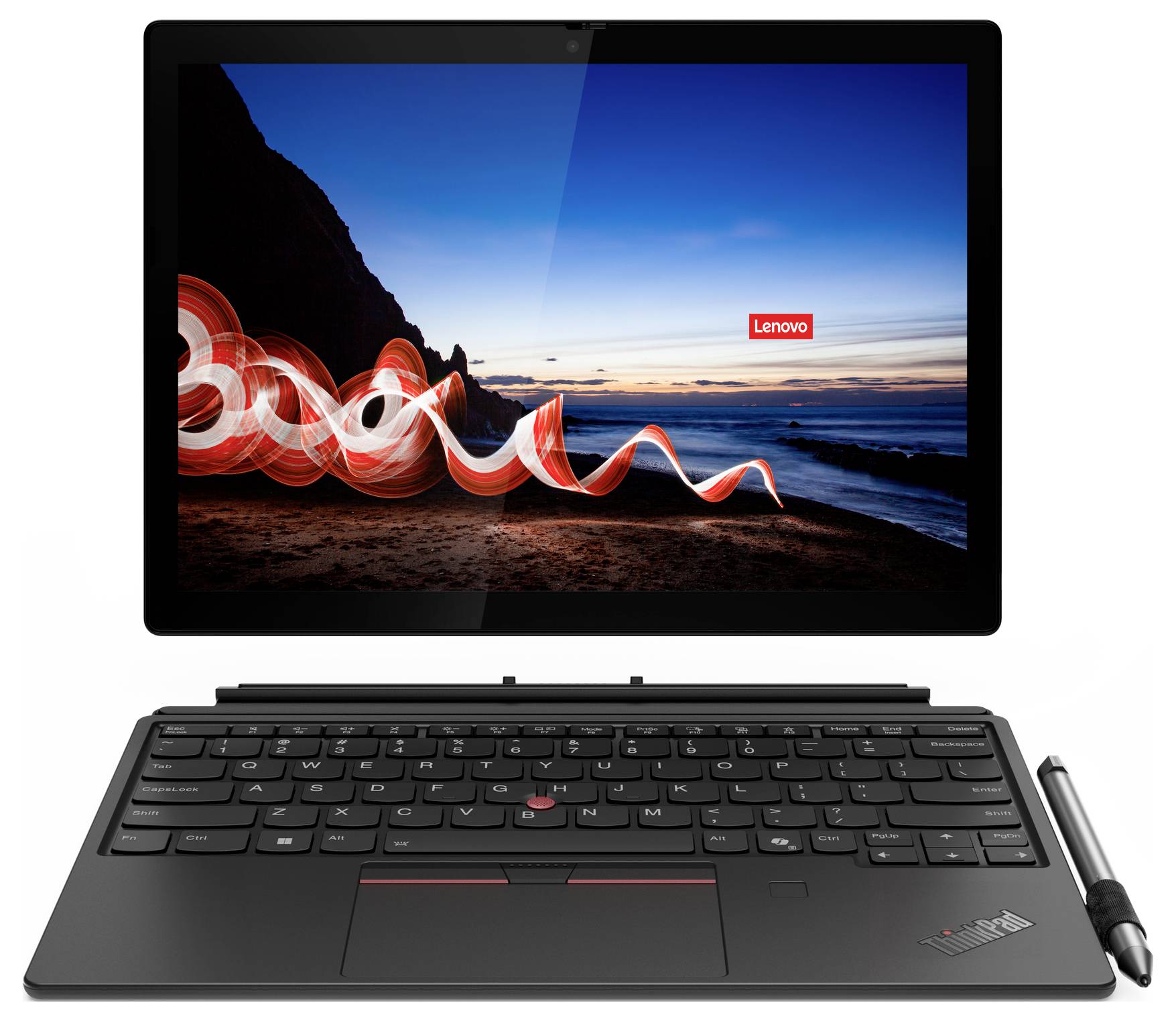 Ein Laptop mit abnehmbarer Tastatur wird angezeigt. Der Bildschirm zeigt eine Strandlandschaft bei Sonnenaufgang und das Lenovo-Logo.