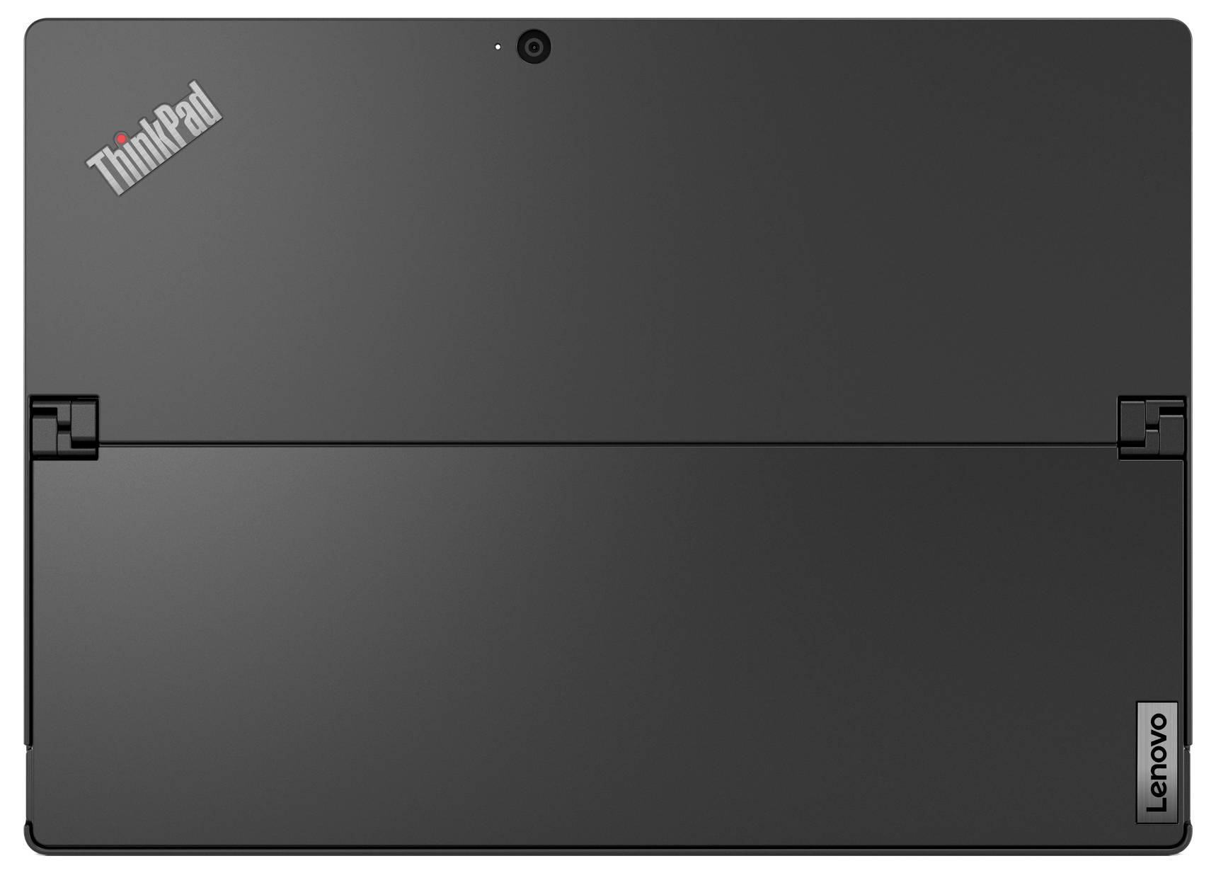 Rückseite eines Lenovo ThinkPad-Tablets, geschlossen. Schwarz, schlichtes Design mit zwei Scharnieren und Markenlogos.